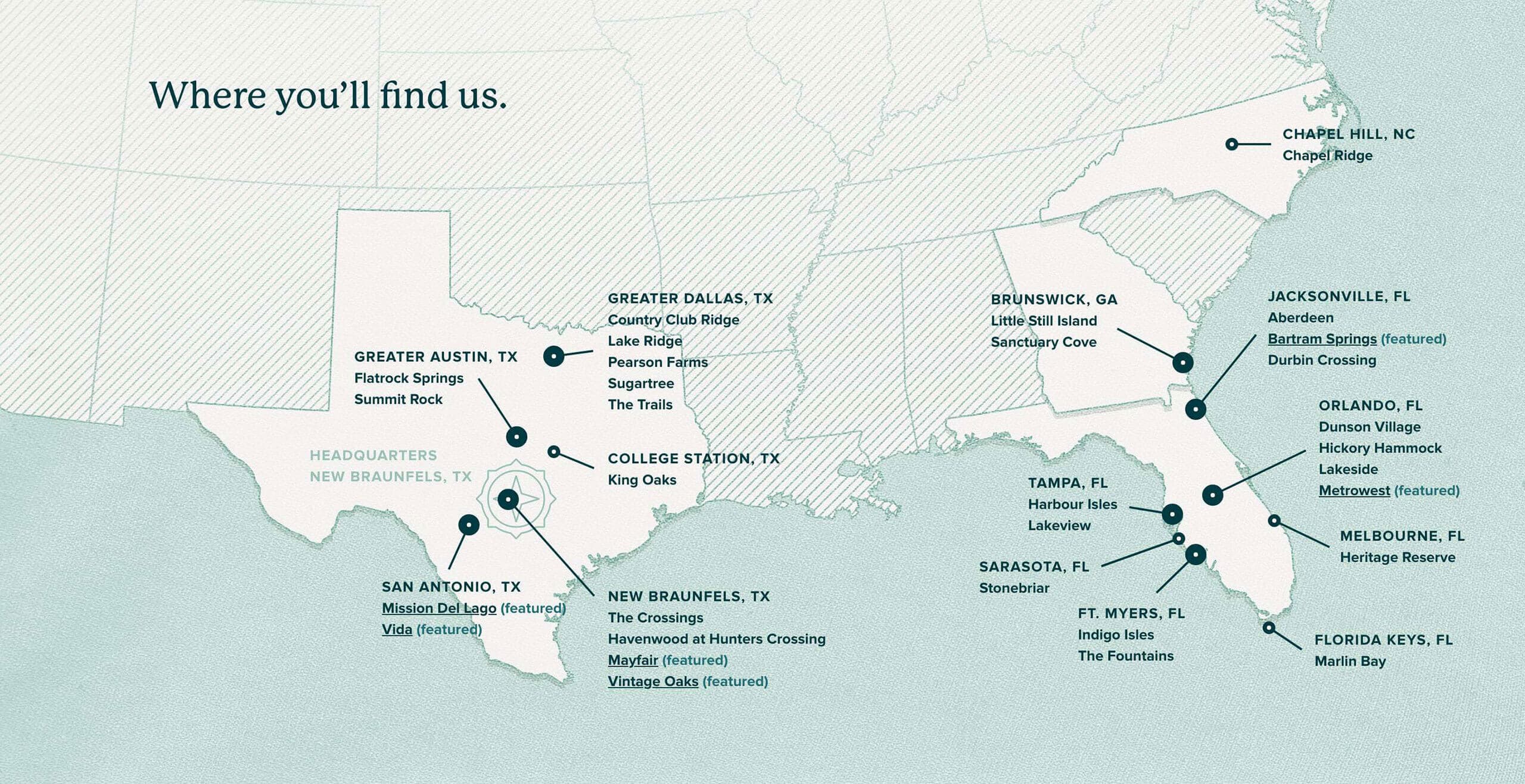 An illustrative map of the United States, showing the location of Southstar communities. Most of which are in Texas and Florida with a few communities in Georgia and North Carolina
