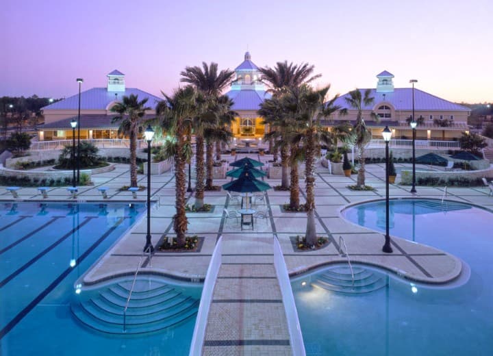 A swimming pool and palm trees at dusk at Bartram Springs