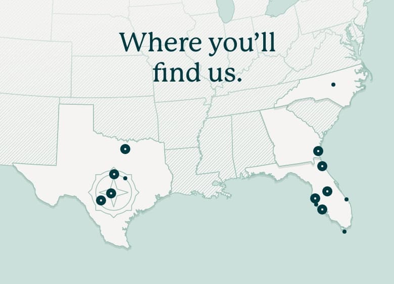 An illustrative map of the United States, showing the location of Southstar communities. Most of which are in Texas and Florida with a few communities in Georgia and North Carolina