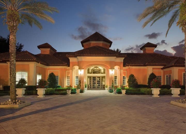 The entrance to the Metro West clubhouse at dusk.