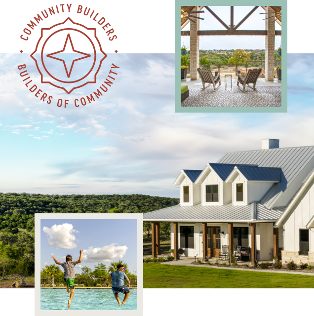 A picture of a house and a pool with the words community builders and builders of community.