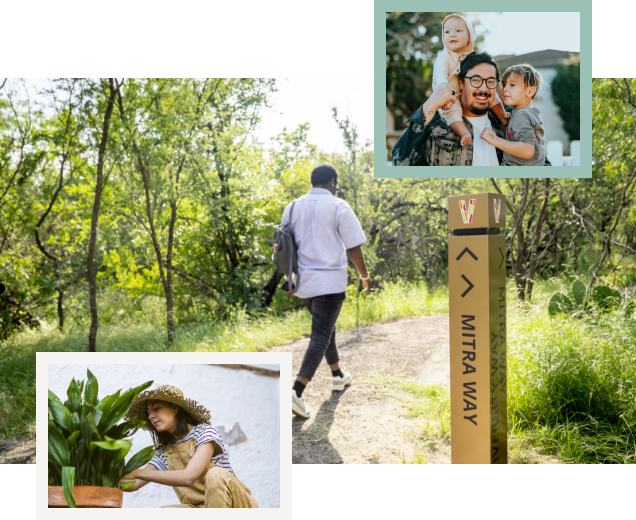 A collage of a man walking in the woods, a woman gardening and a man hold up his two young children