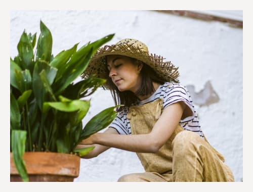 A woman in overalls and a straw hat is planting a potted plant.