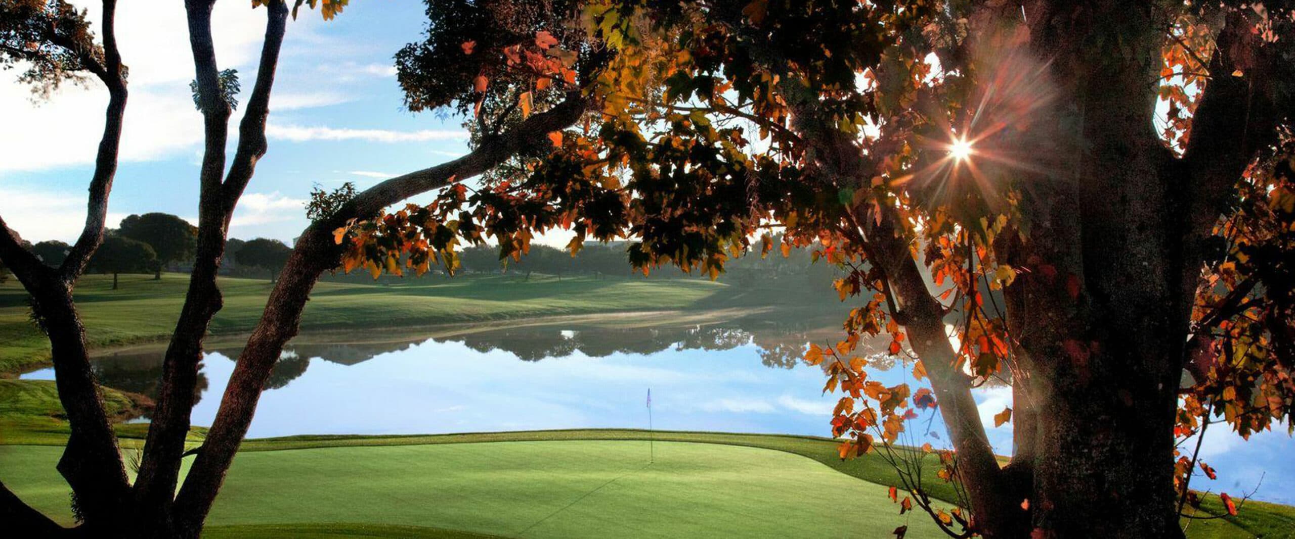 A golf course surrounded by trees and a lake.