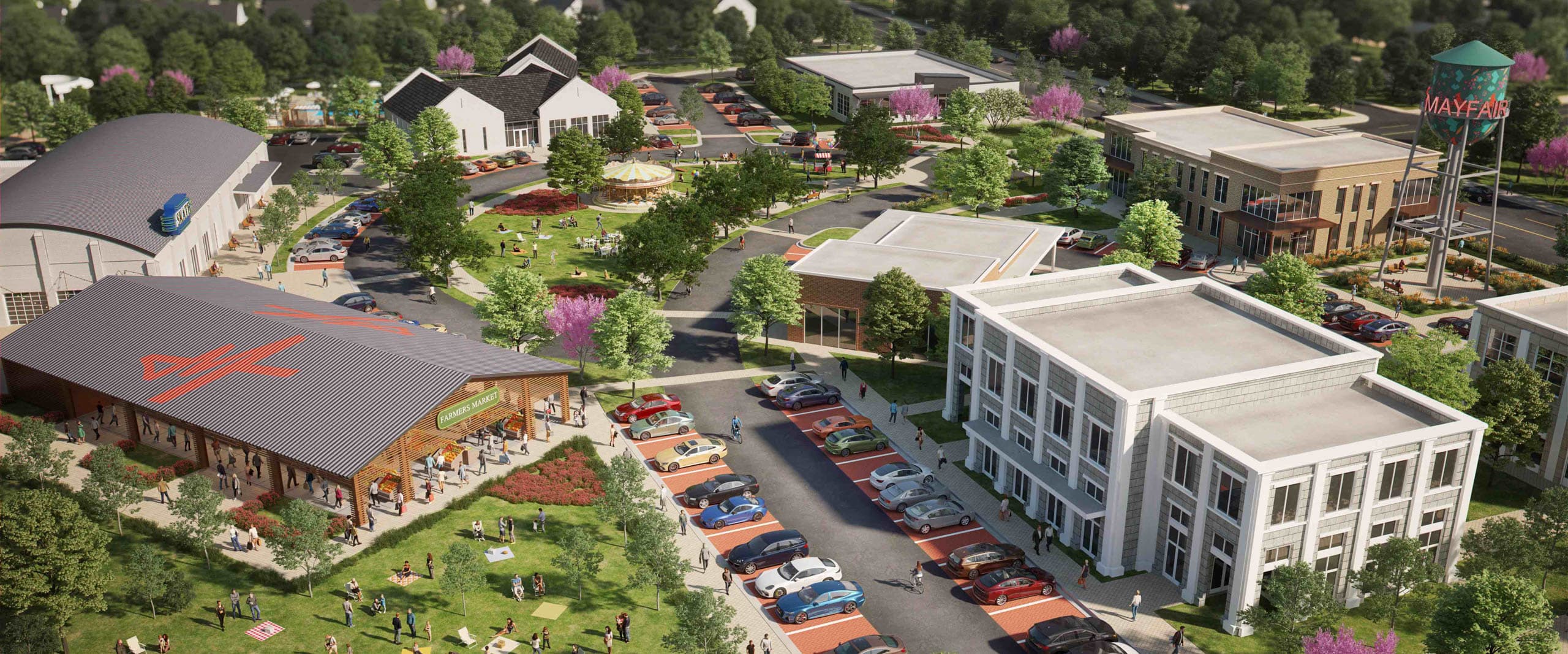 Vibrant New Braunfels neighborhood with a water tower, carousel, and new buildings