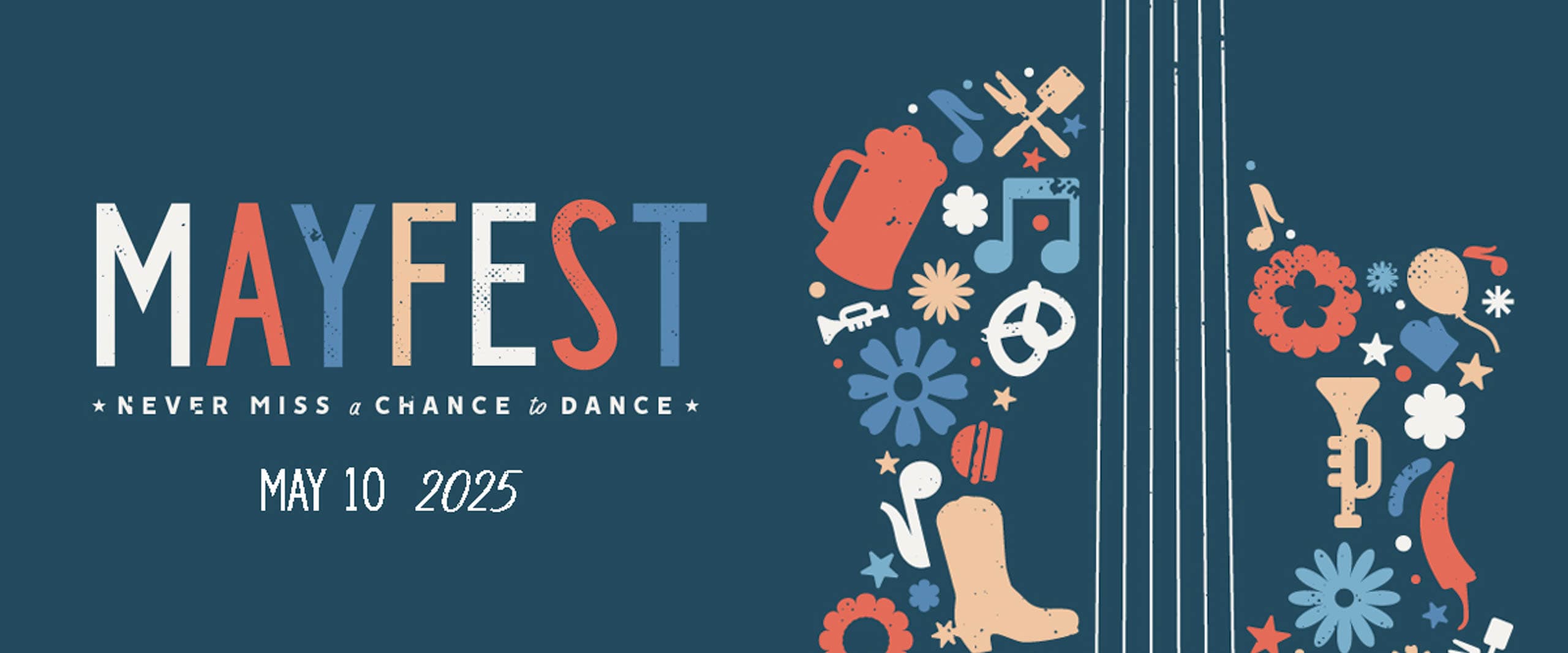 A colorful banner for Mayfest on May 10, 2025
