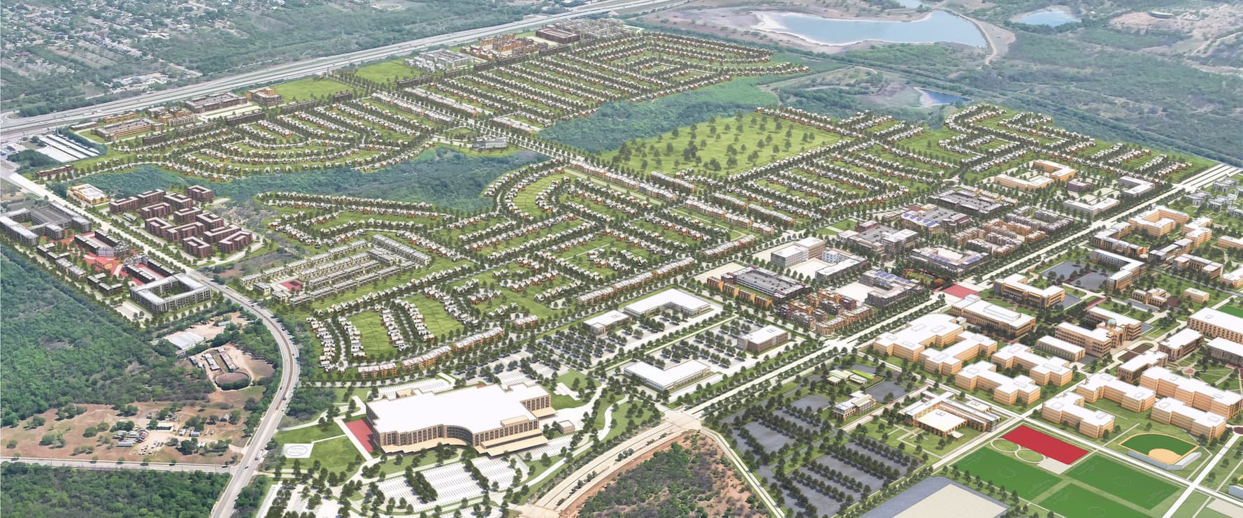 Completion of the VIDA San Antonio community as a rendering, featuring commercial, residential, retail and more