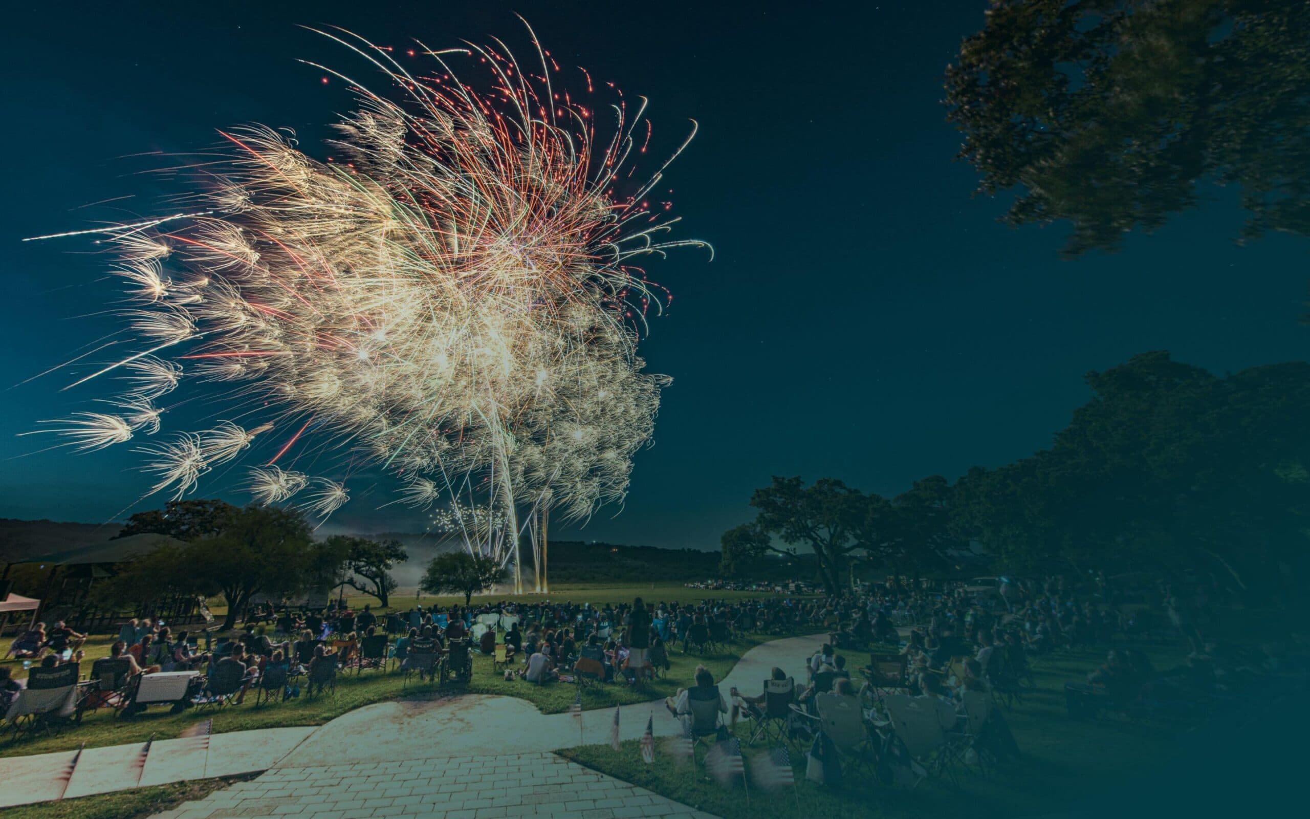 A large group of people watching a fireworks display.