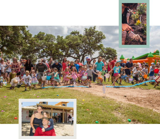 A collage of photos of people at an outdoor event, a woman gardening and a family posing in front of an in-progress home.