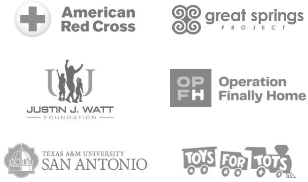 Logos for American Red Cross, Great Springs Project, Justin J. Watt Foundation, Operation Finally Home, Texas A&M San Antonio and Toys for Tots.