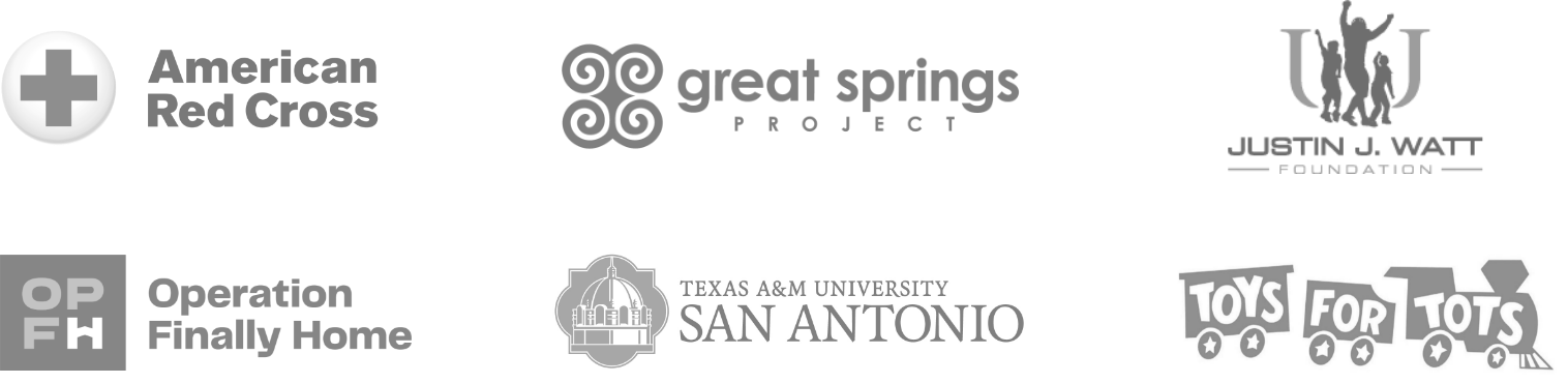Logos for American Red Cross, Great Springs Project, Justin J. Watt Foundation, Operation Finally Home, Texas A&M San Antonio and Toys for Tots.